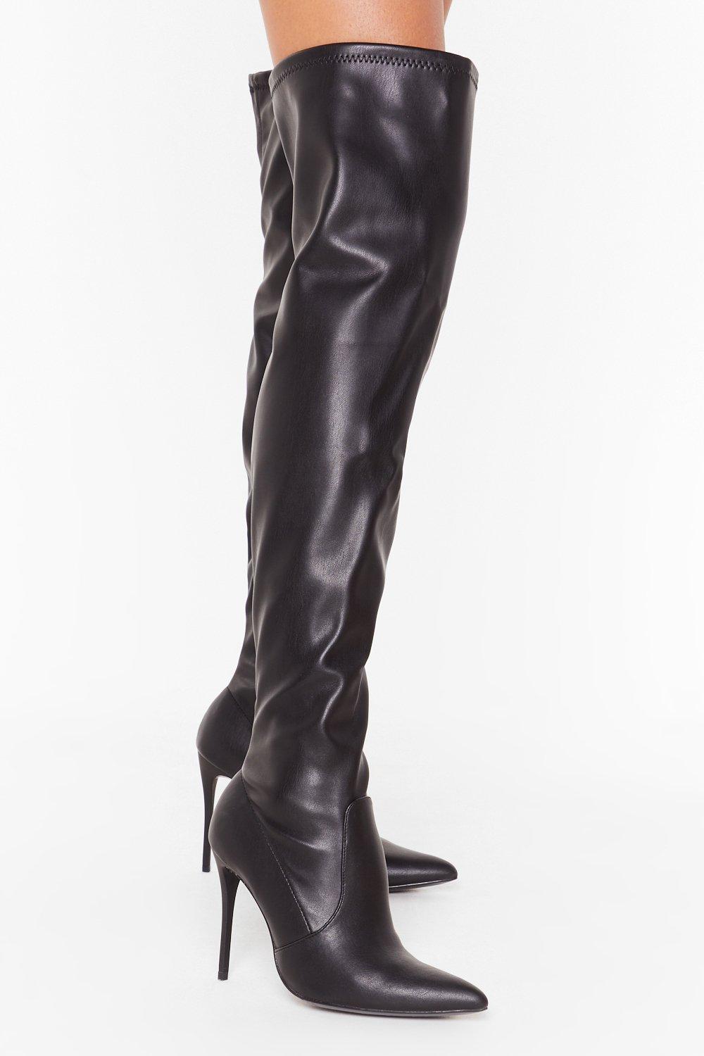 black faux leather thigh high boots