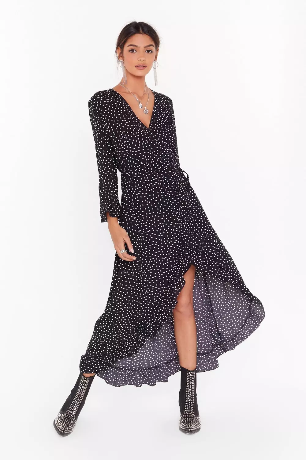 Polka Dot Long Sleeve Wrap Dress Nasty Gal