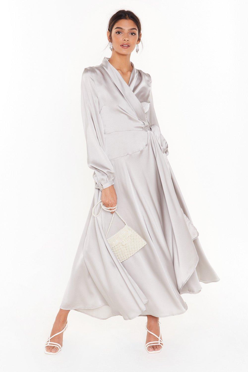 grey satin wrap dress