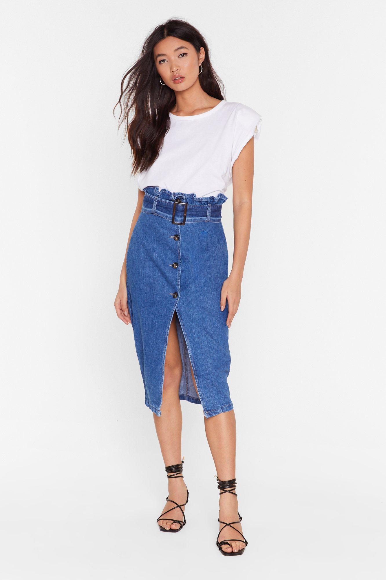 paperbag denim midi skirt