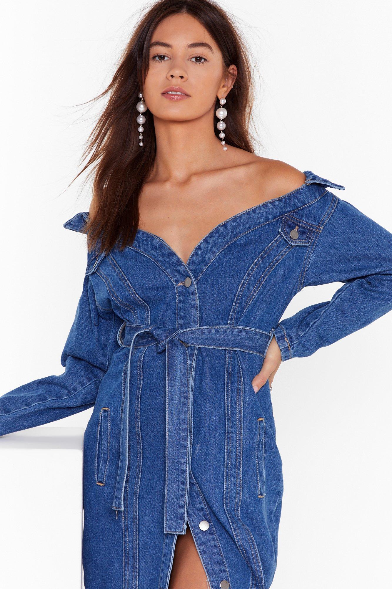 off the shoulder denim dress