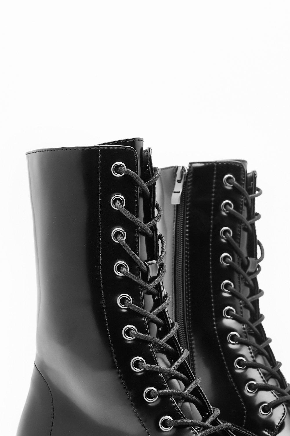 black faux leather lace up boots