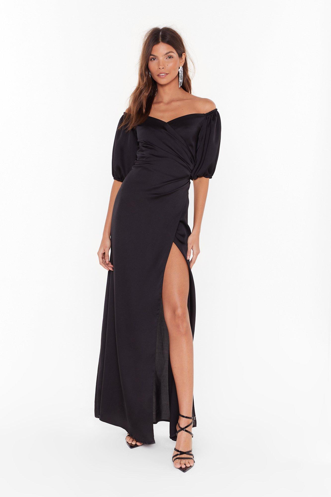 Break It Off The Shoulder Satin Maxi Dress Nasty Gal