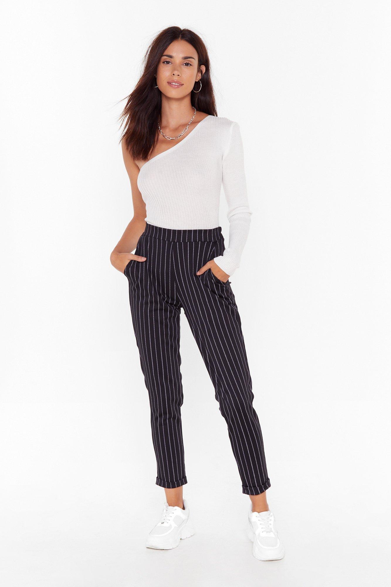 high waisted black striped pants