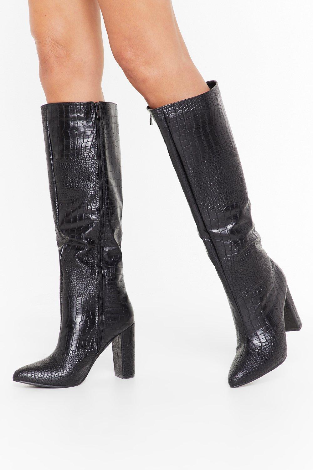 black croc knee high boots