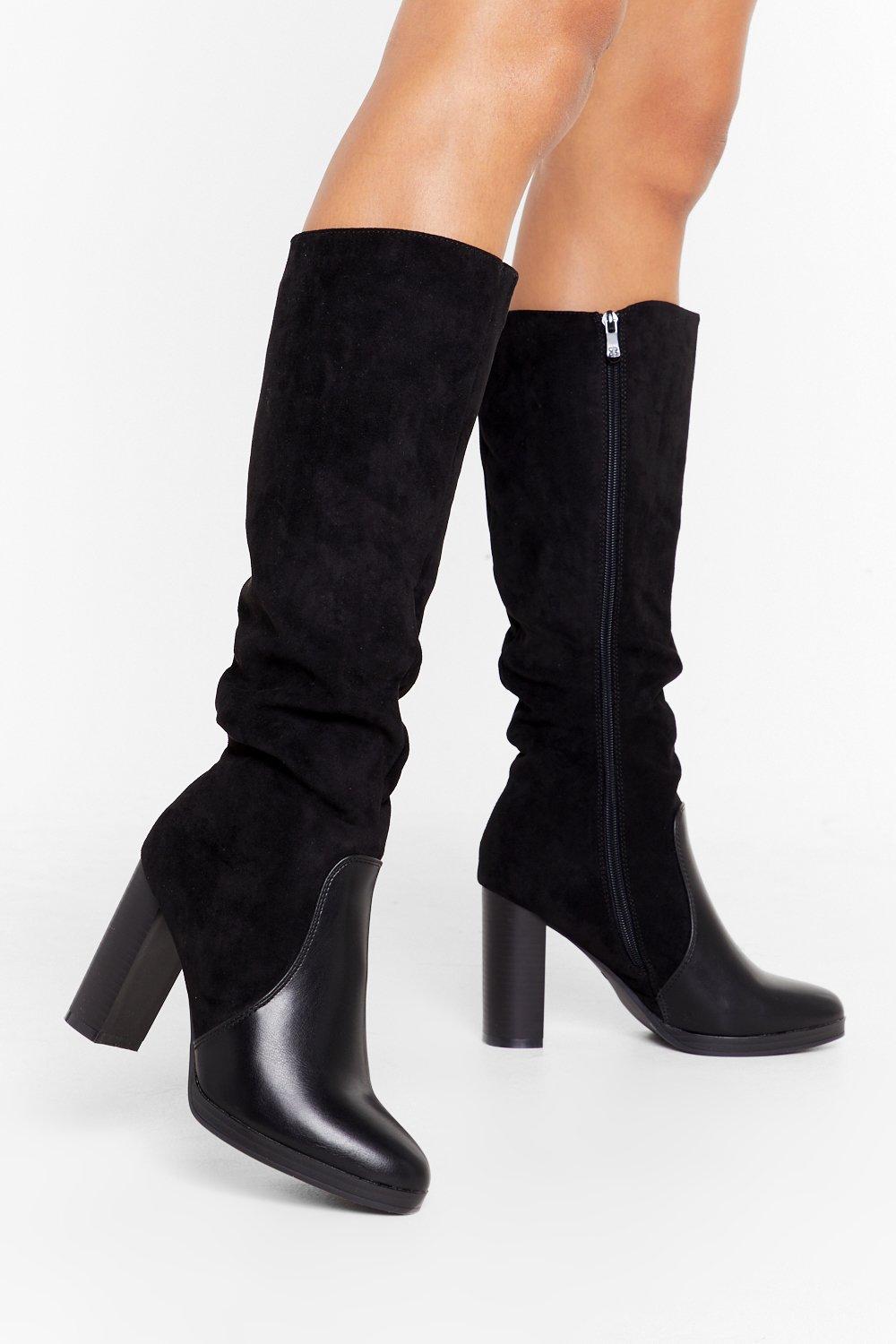 black suede knee high boots block heel