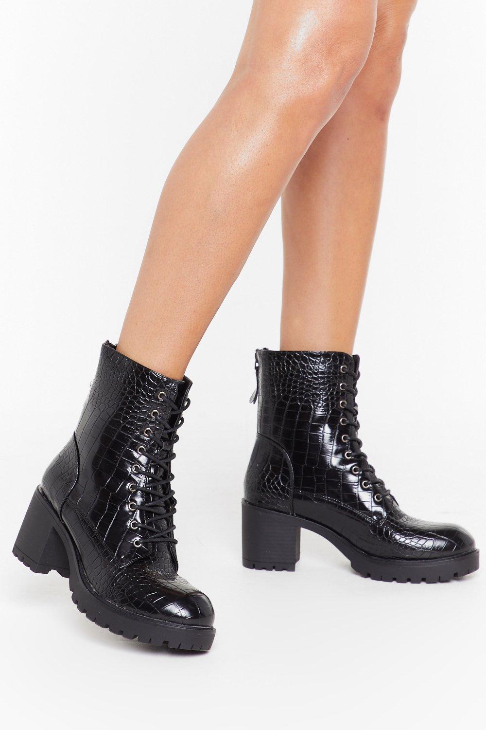 black lace up croc boots