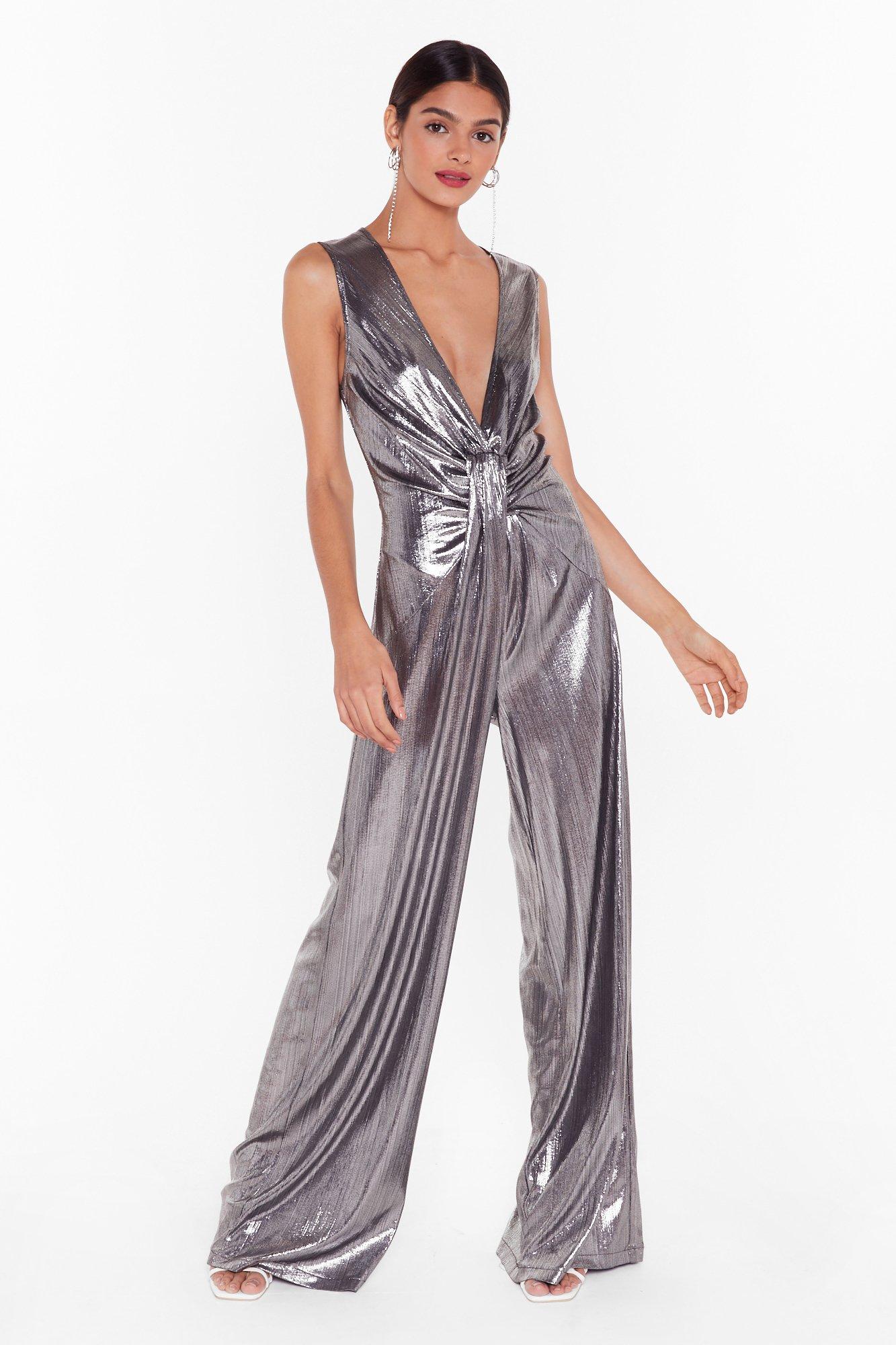 silver wide leg jumpsuit