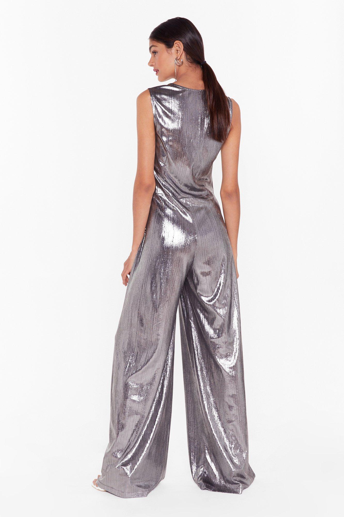 silver wide leg jumpsuit