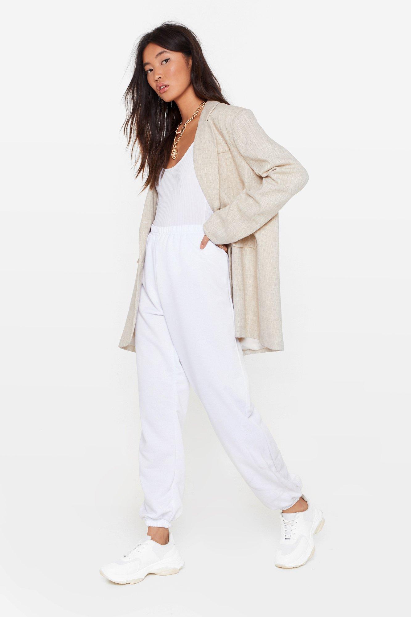 high waisted joggers white