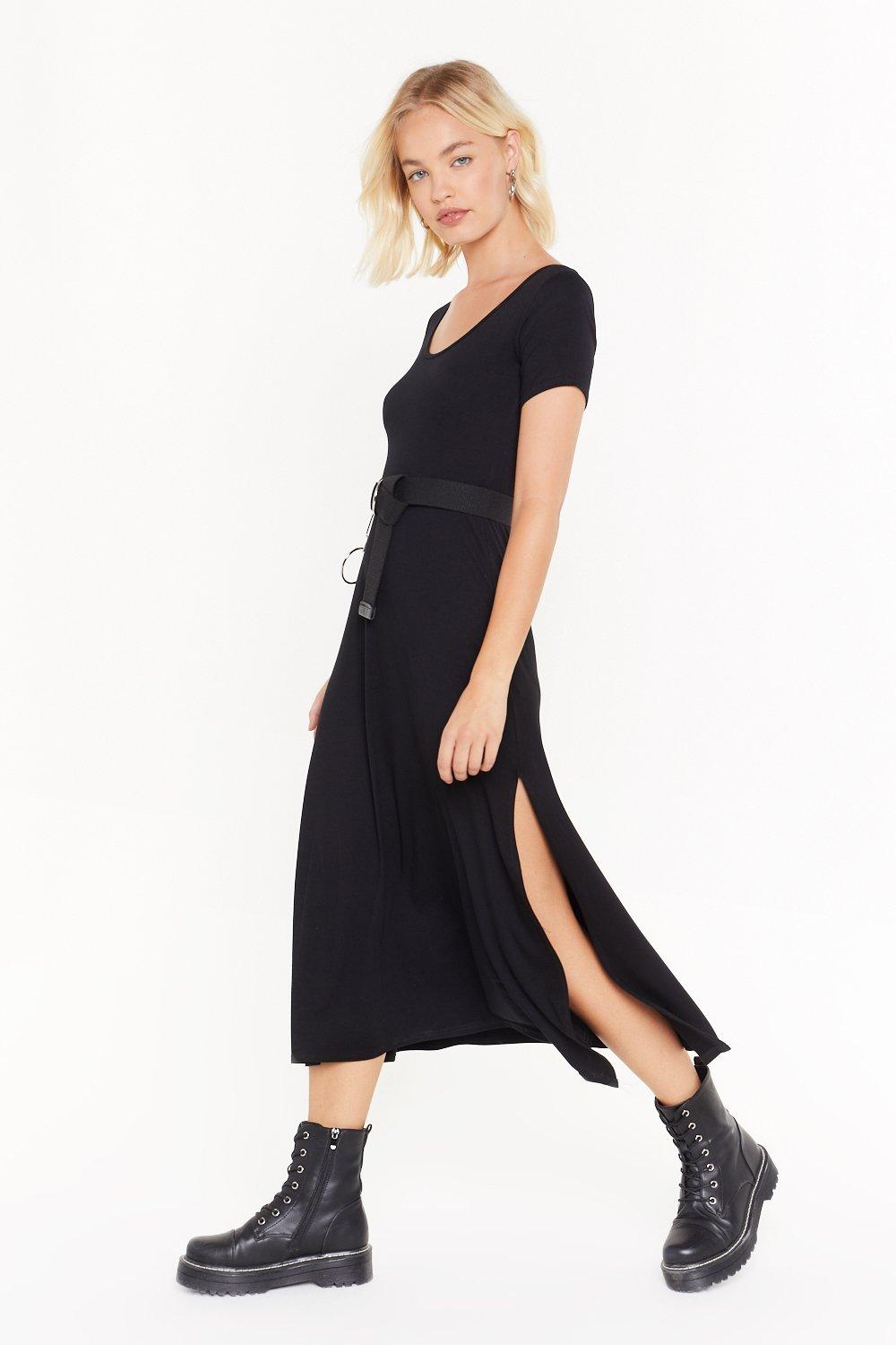 black scoop neck midi dress