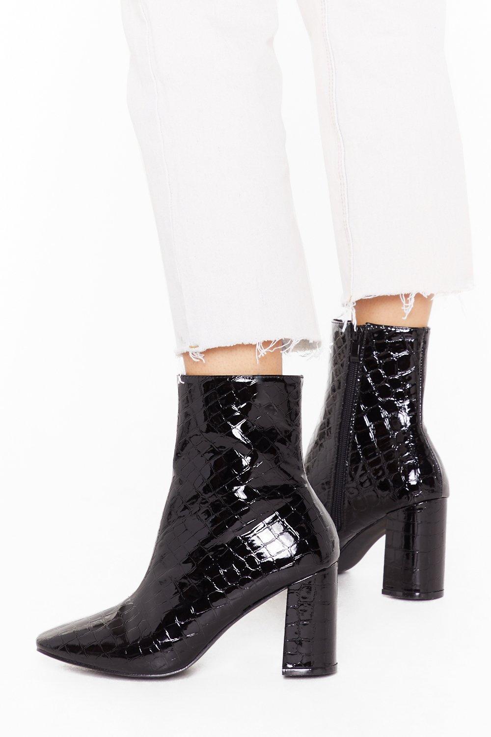 wide fit black patent ankle boots