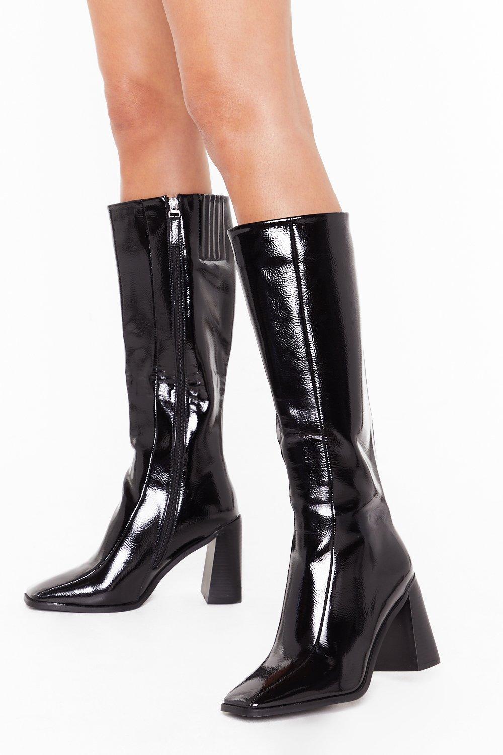 knee high black patent boots