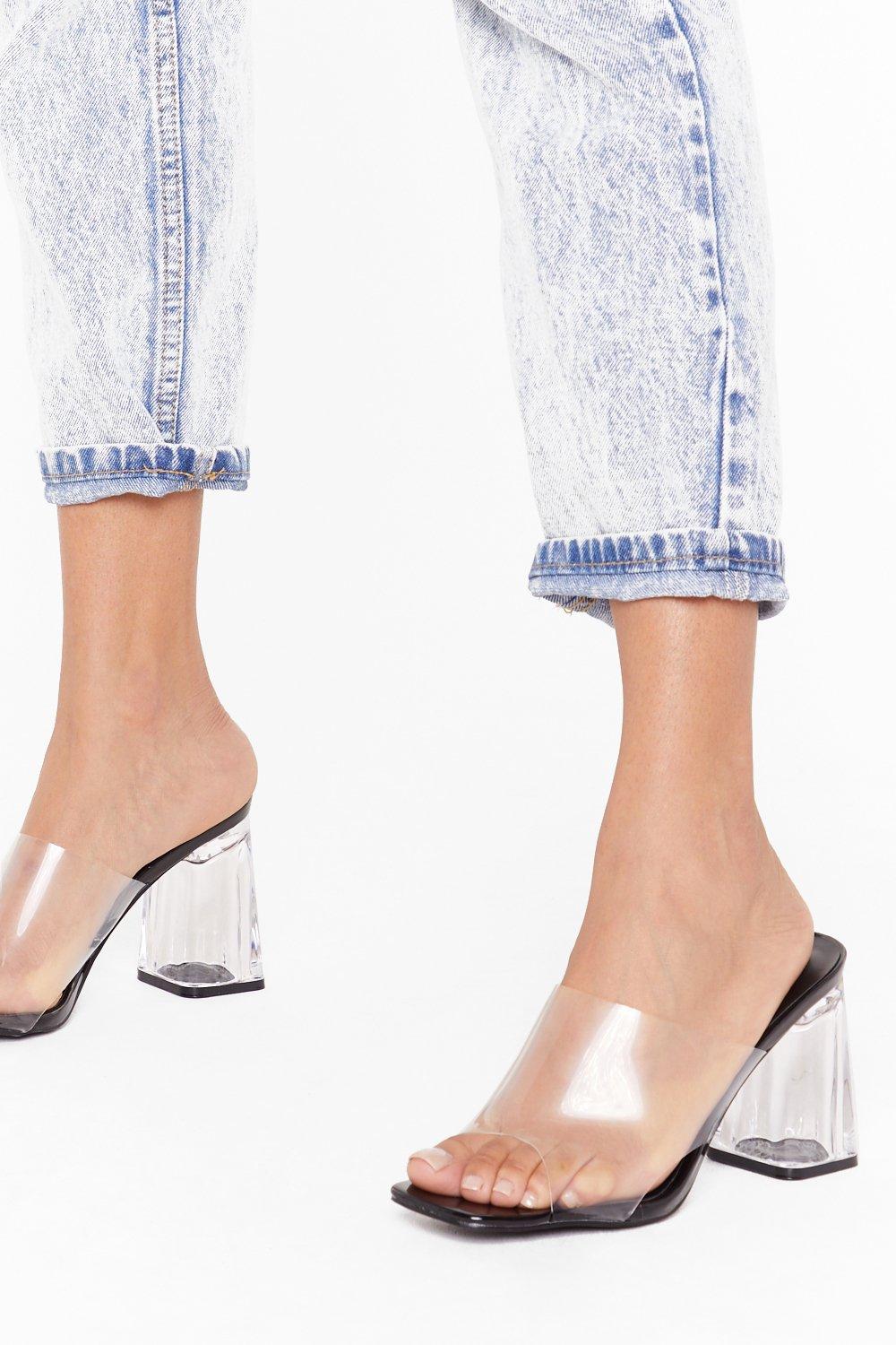 clear mule block heel