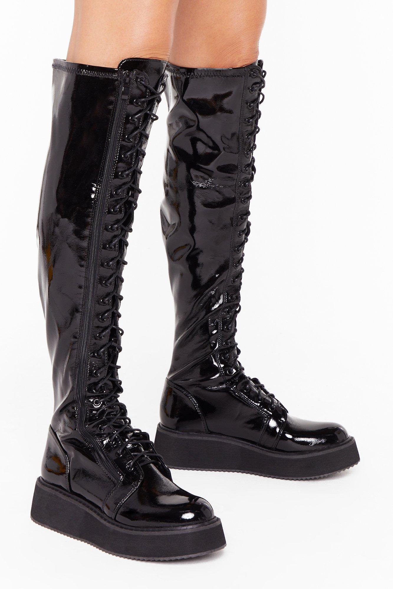patent knee high boots