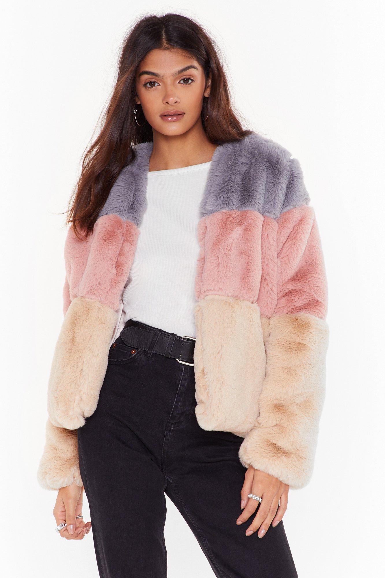 colour block faux fur coat