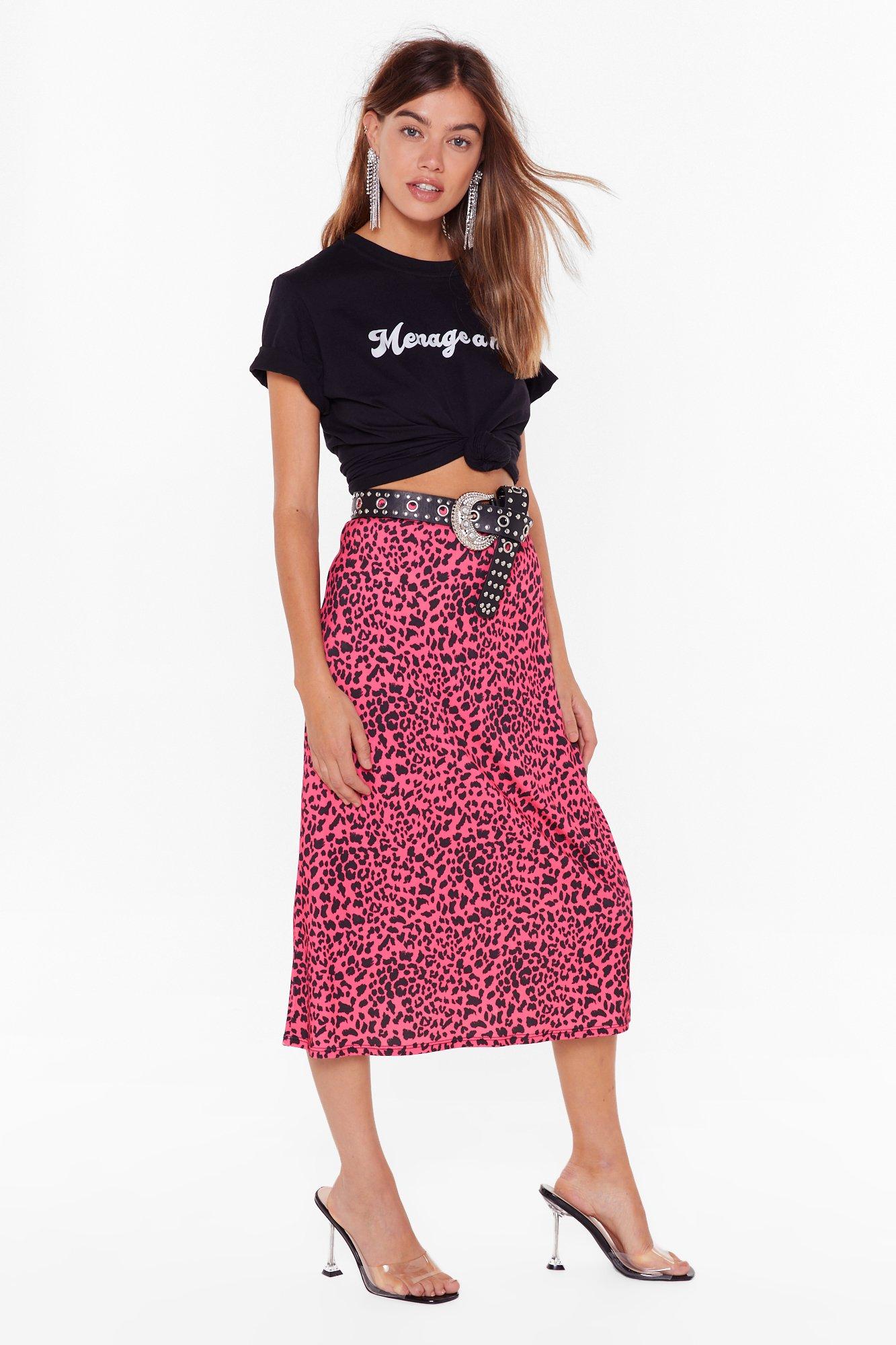 pink animal print midi skirt