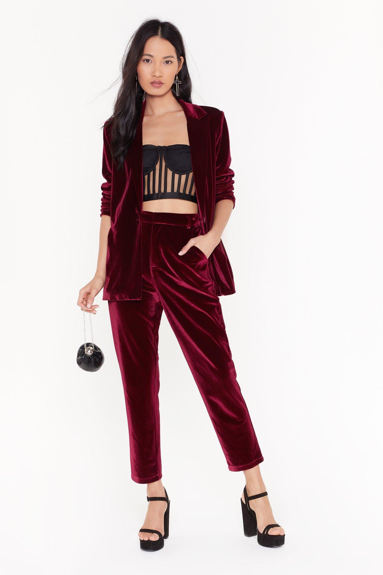 red velvet pants outfit
