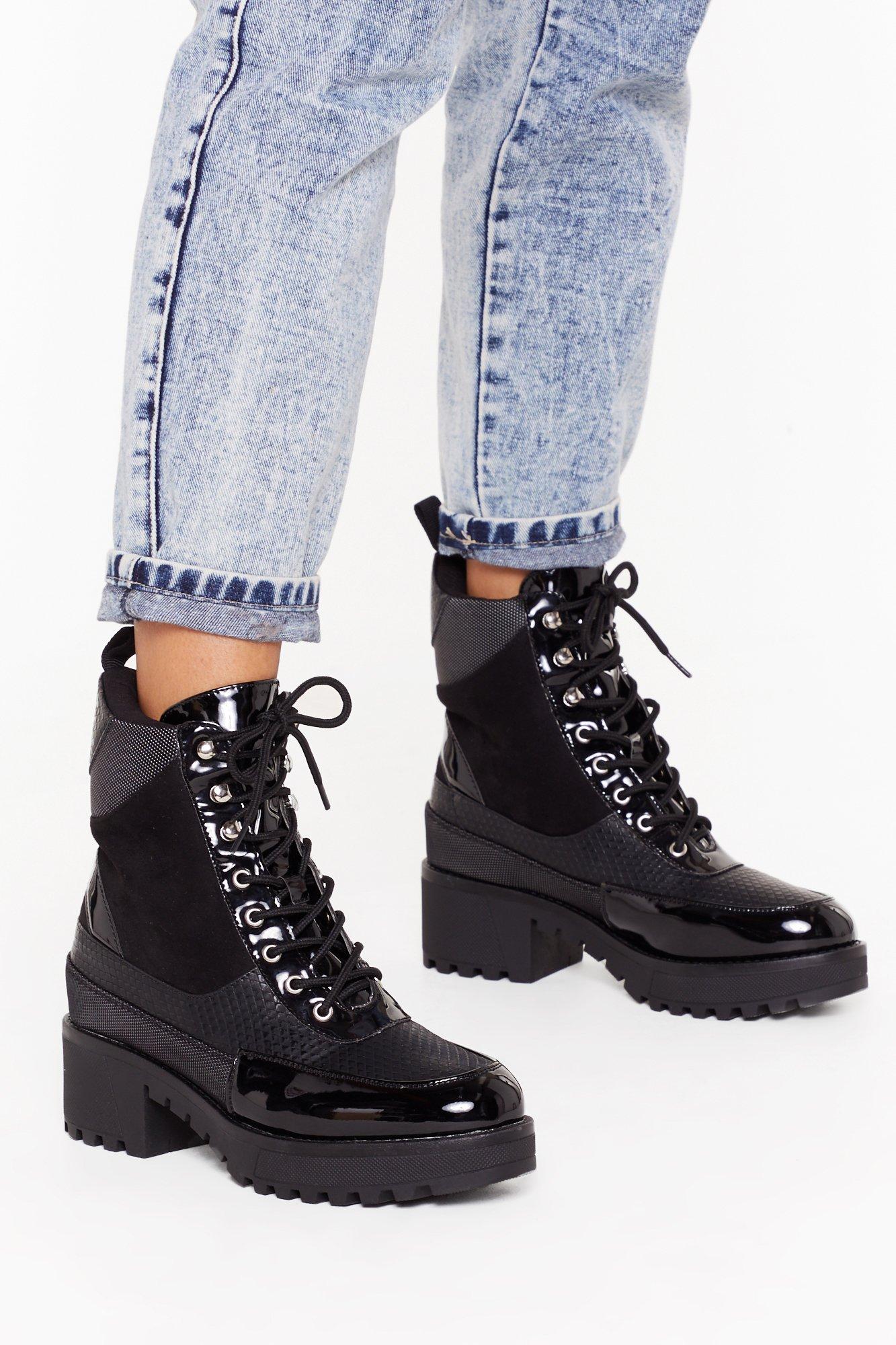 black heeled hiker boots