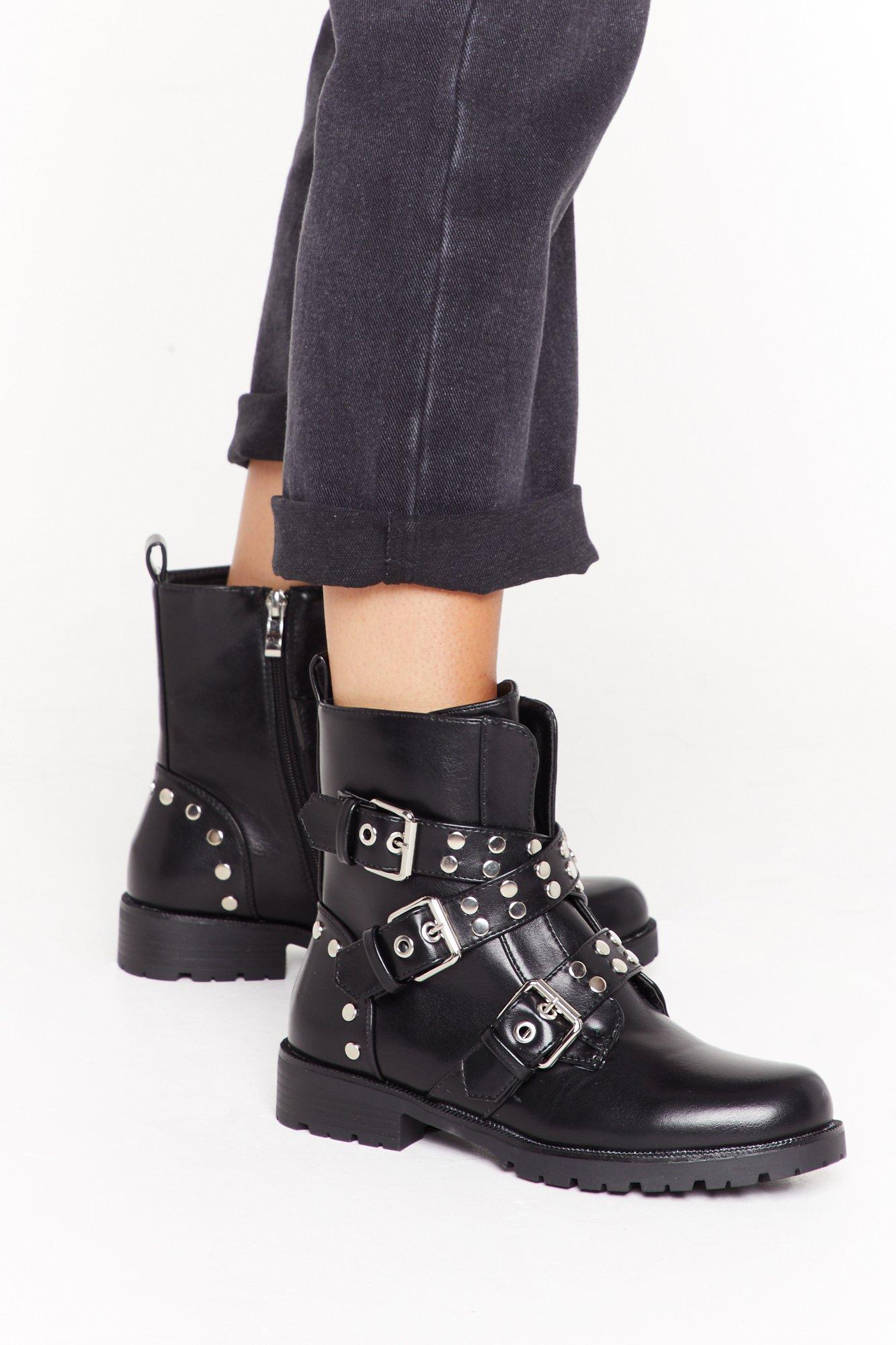 black leather booties with buckles