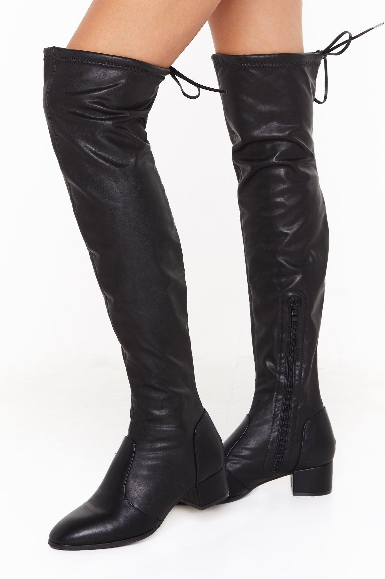 black faux leather thigh high boots