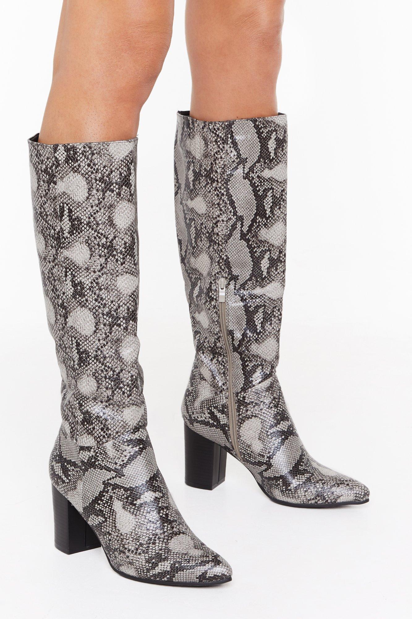 snake print knee high boots