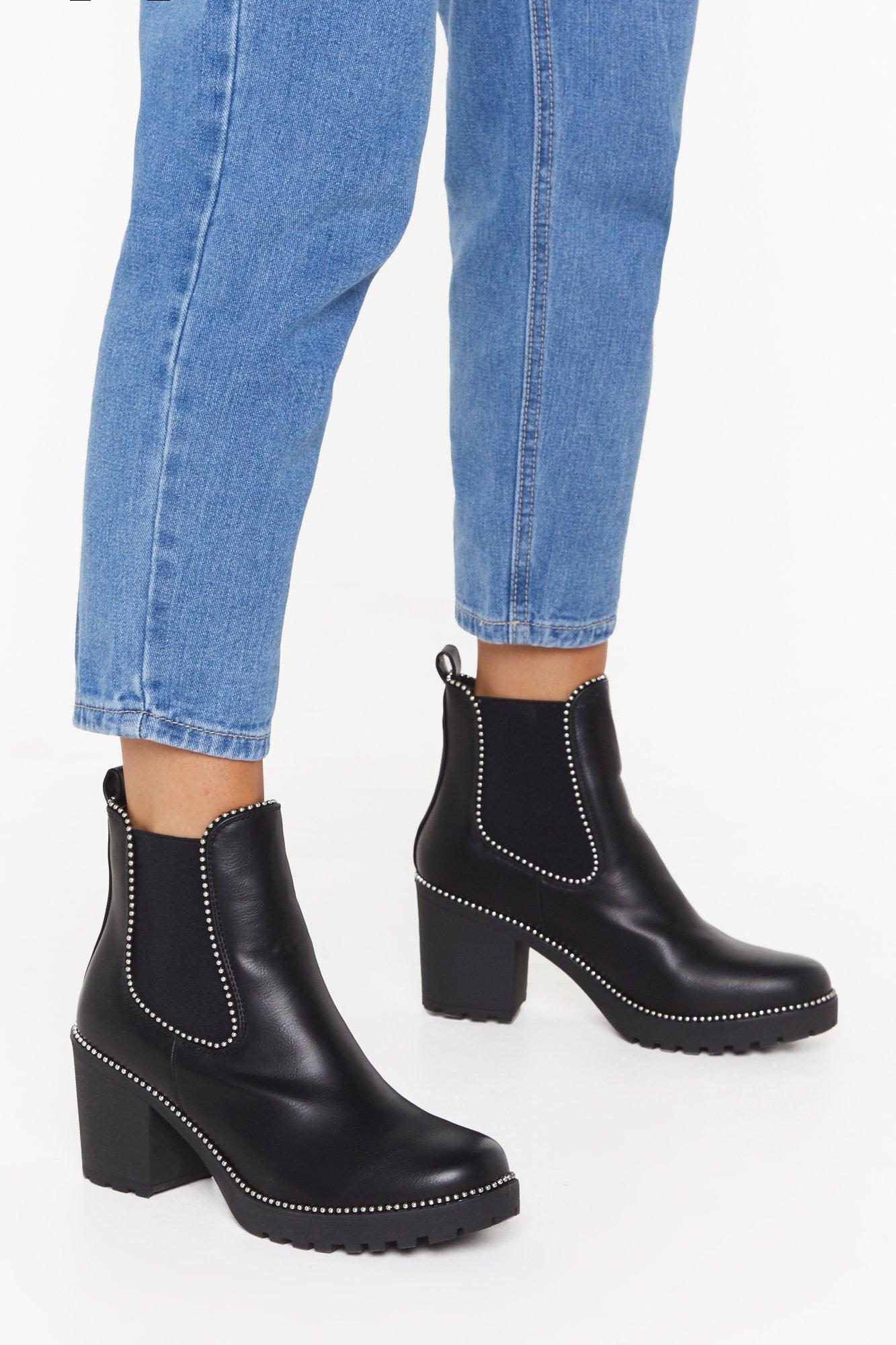 black leather studded booties