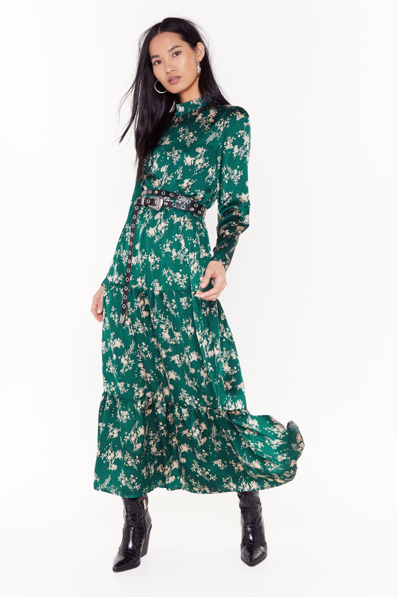 green satin floral dress