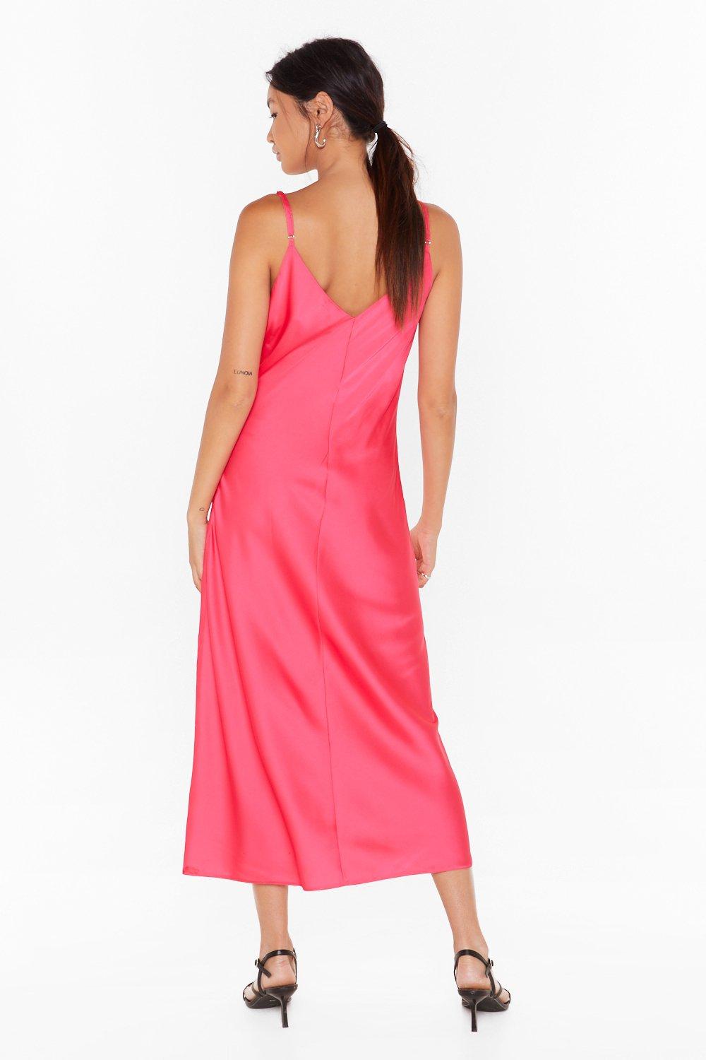 hot pink satin midi dress