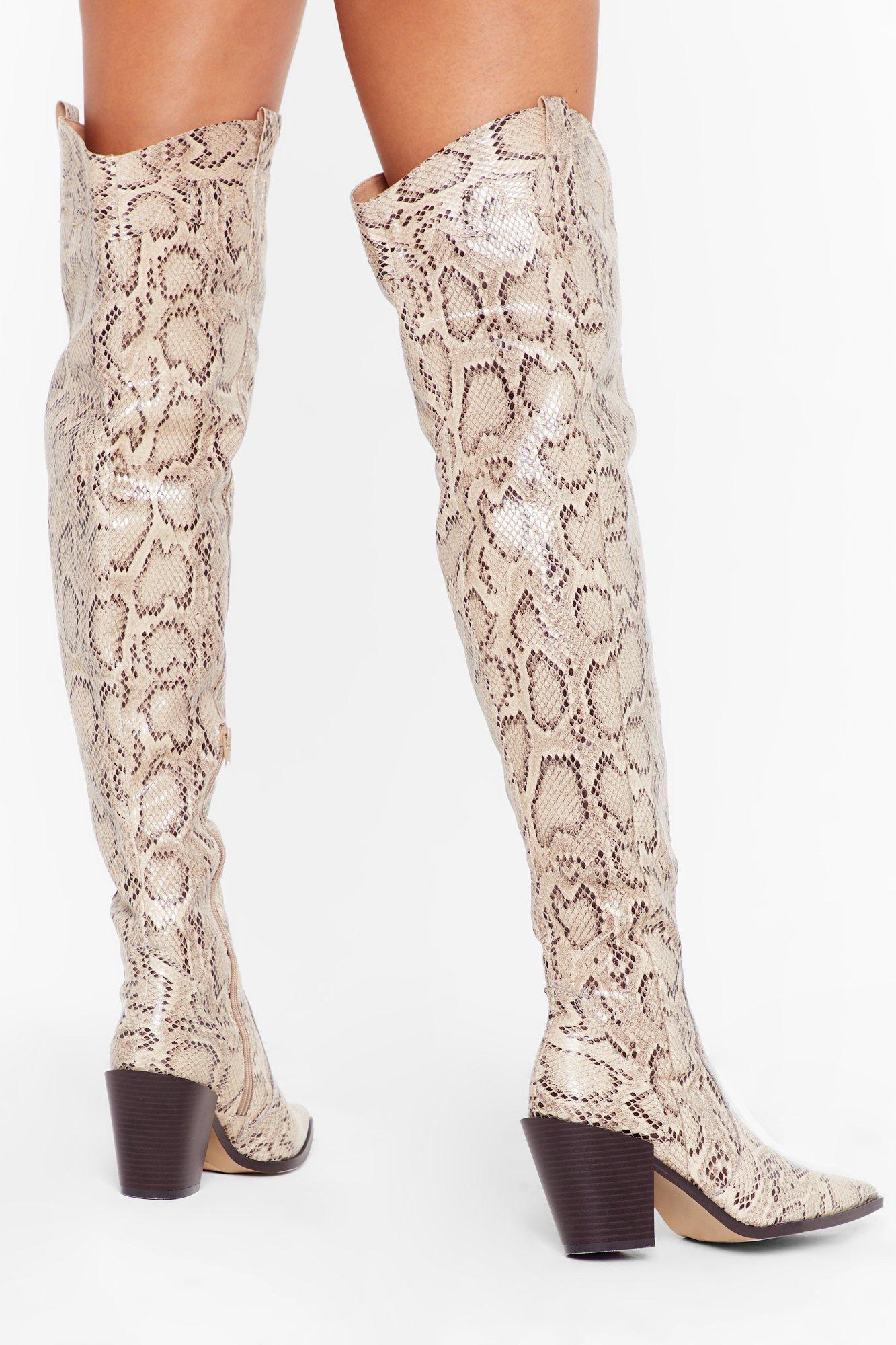 faux snakeskin over the knee boots