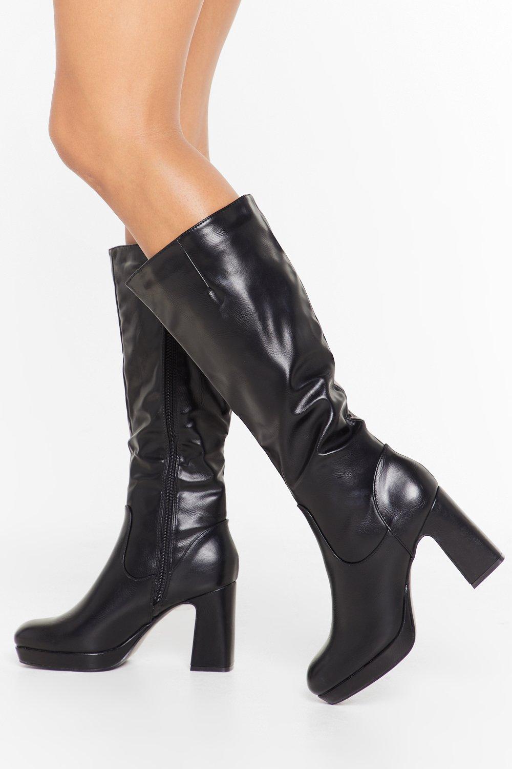 black leather knee high boots block heel