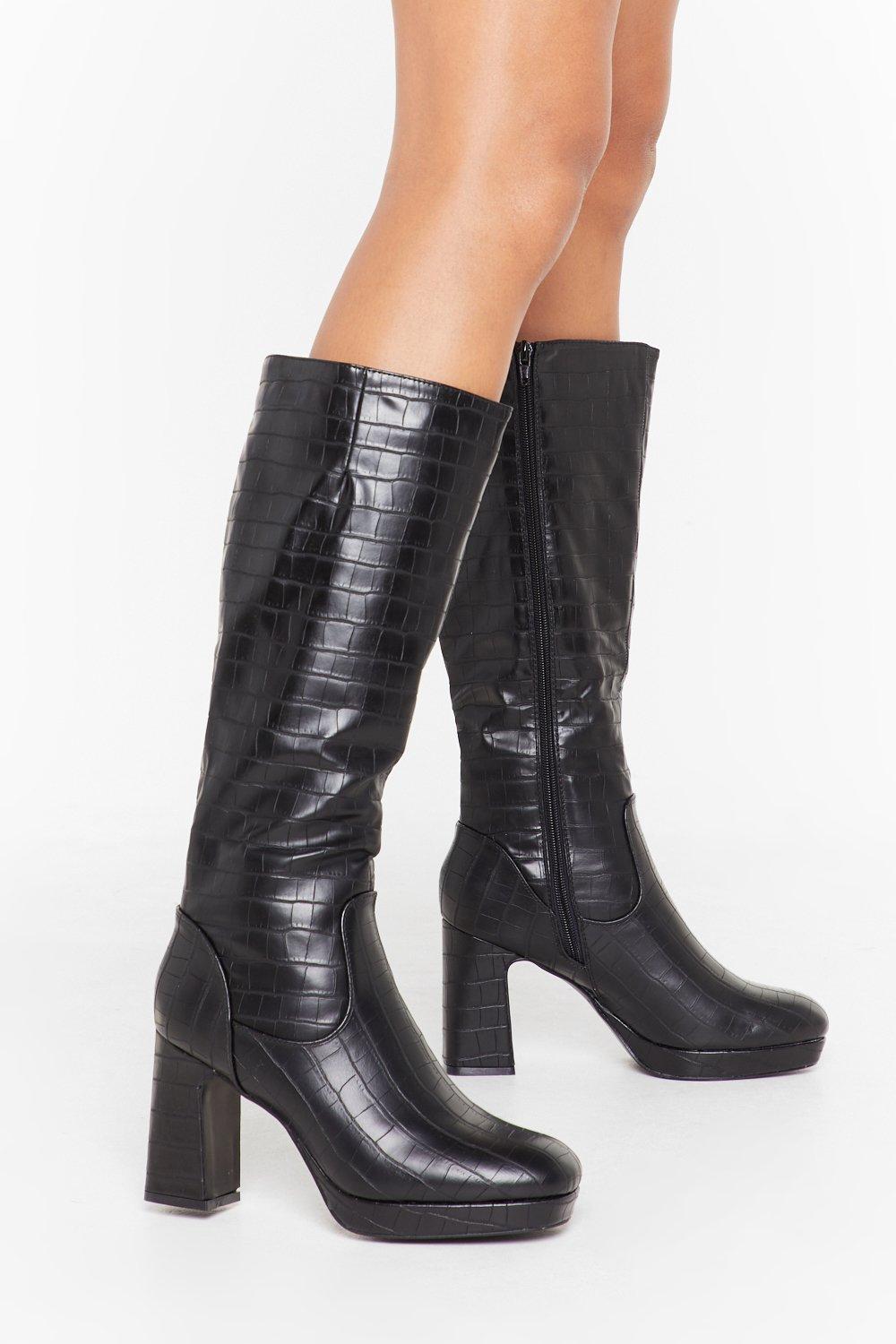 black crocodile knee high boots