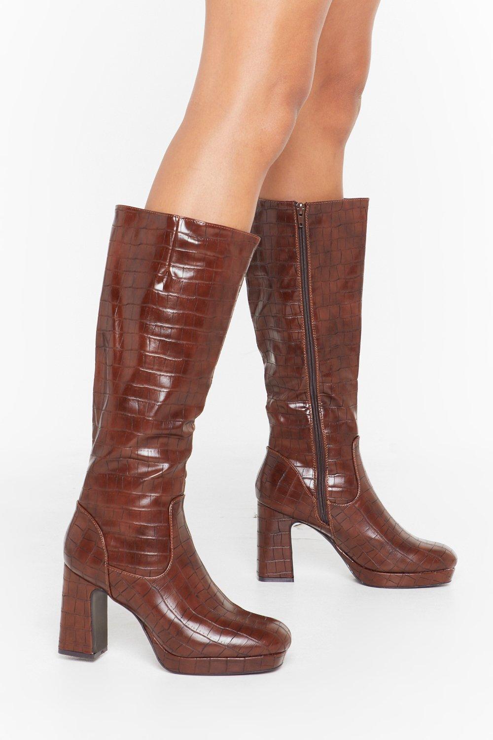 croc embossed knee high boots