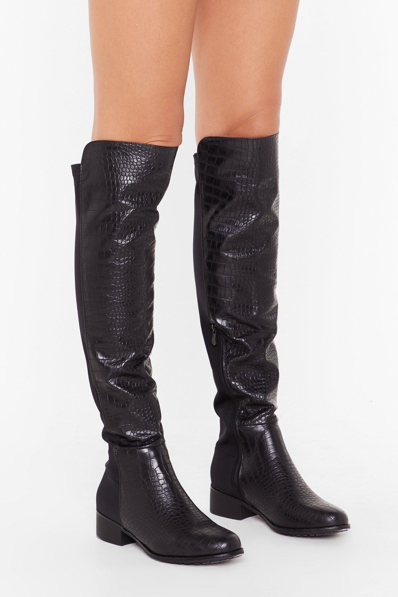 black leather flat over the knee boots