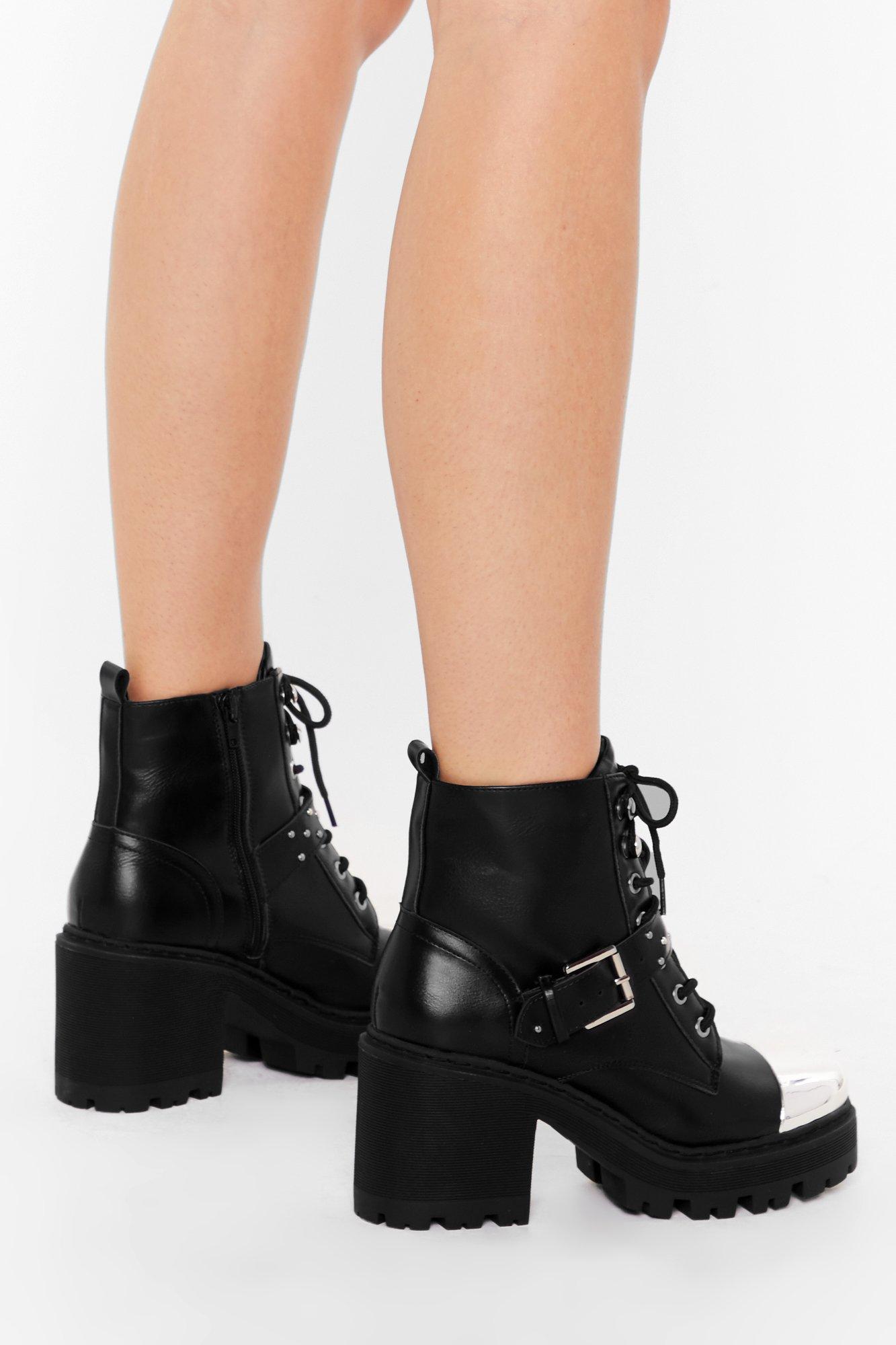 black chunky faux leather boot