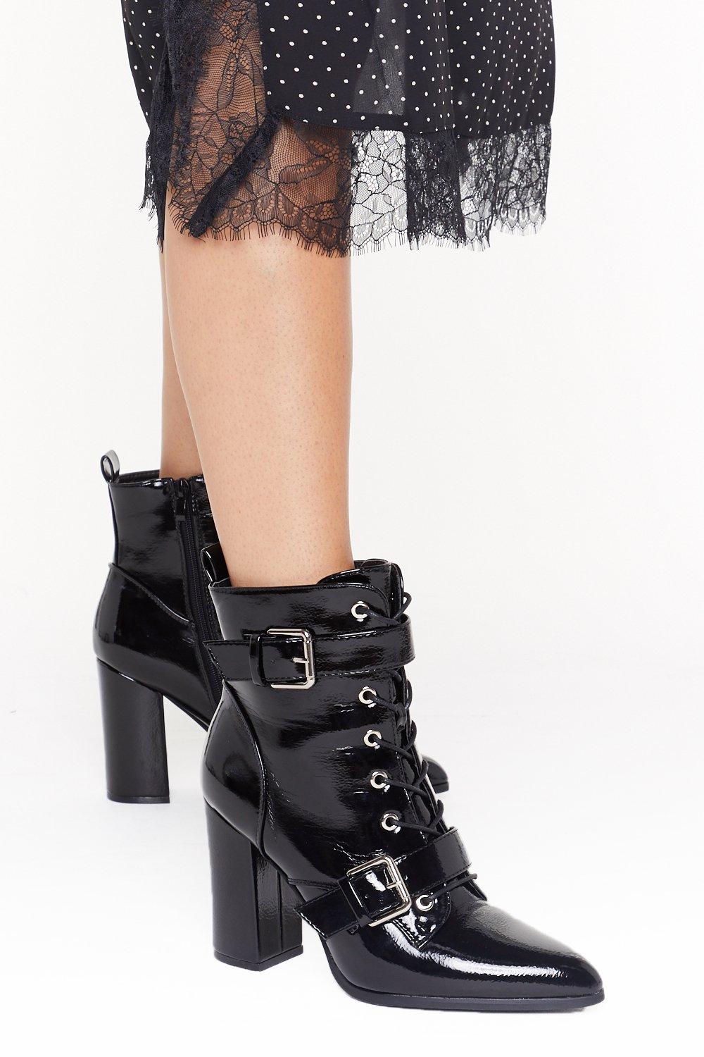 patent lace up heeled boots