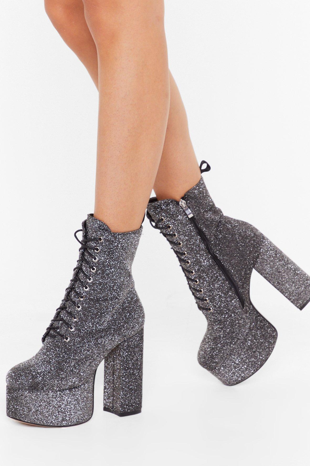 silver glitter lace up heels