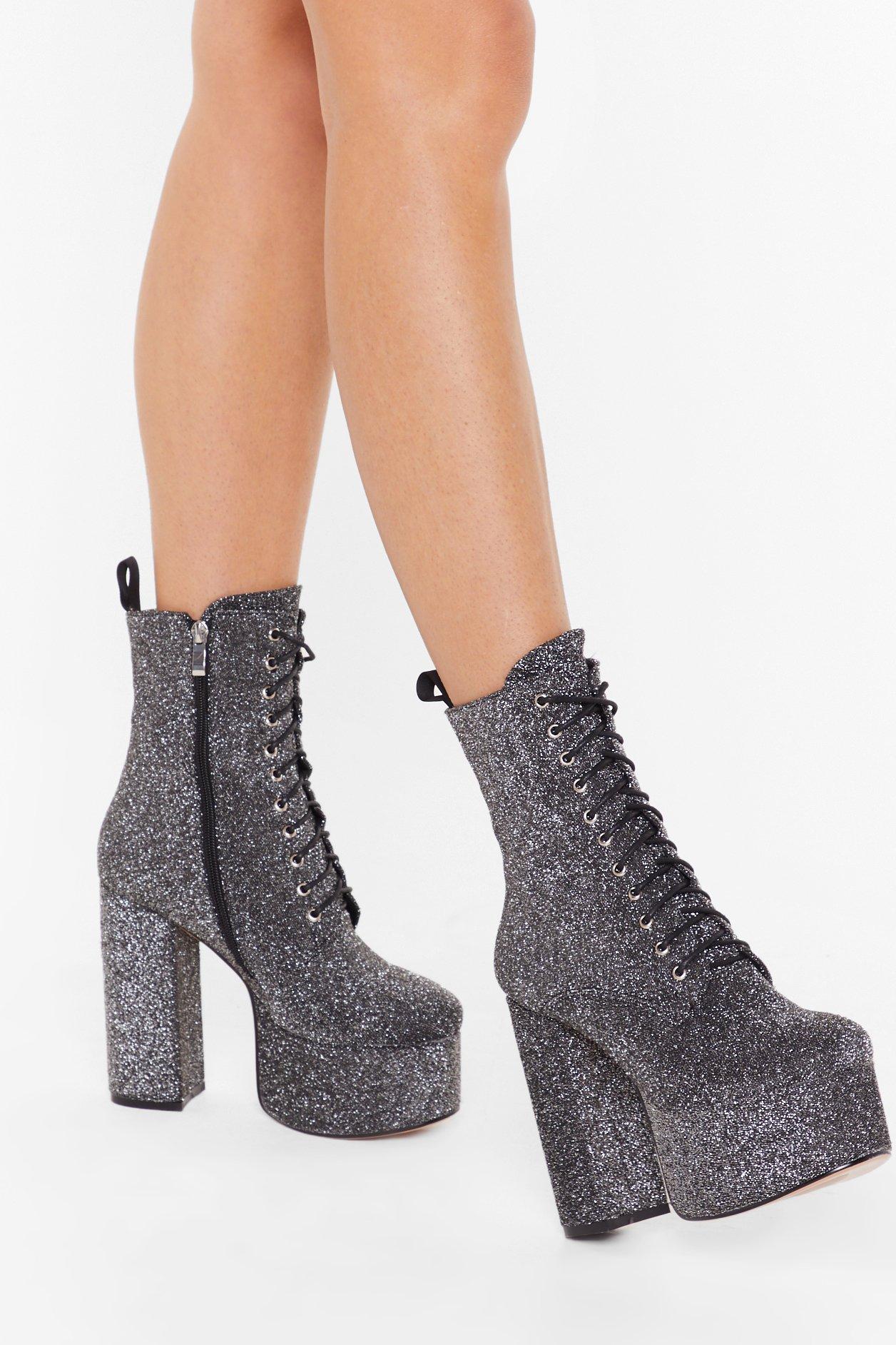 silver glitter platform boots