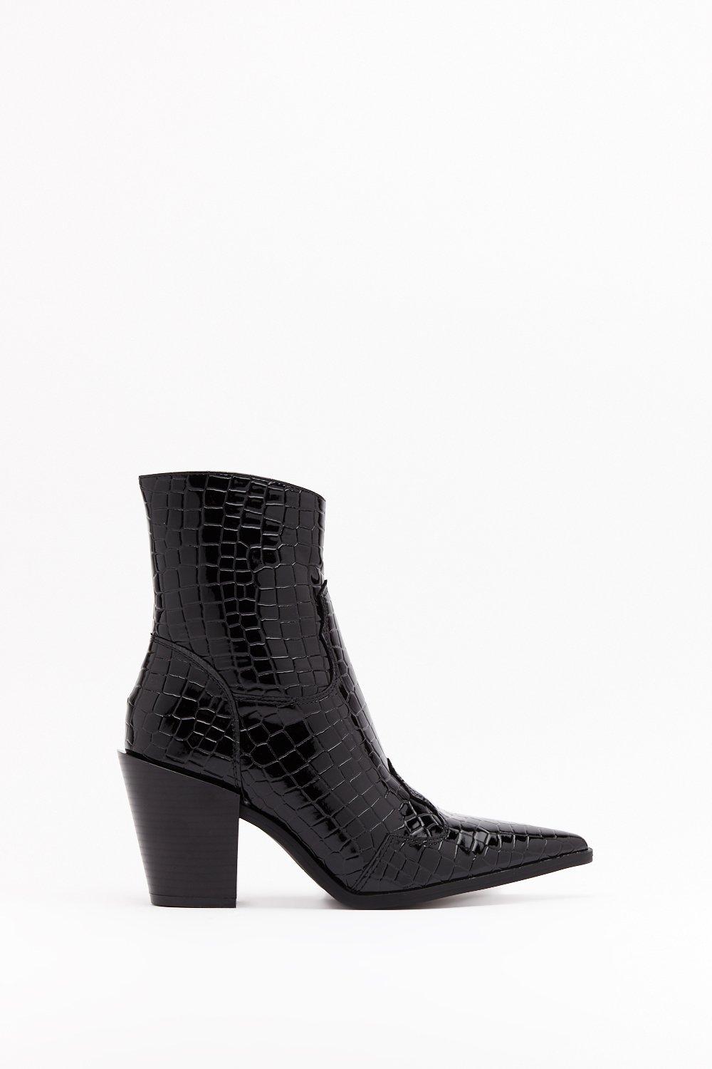 black patent croc boots