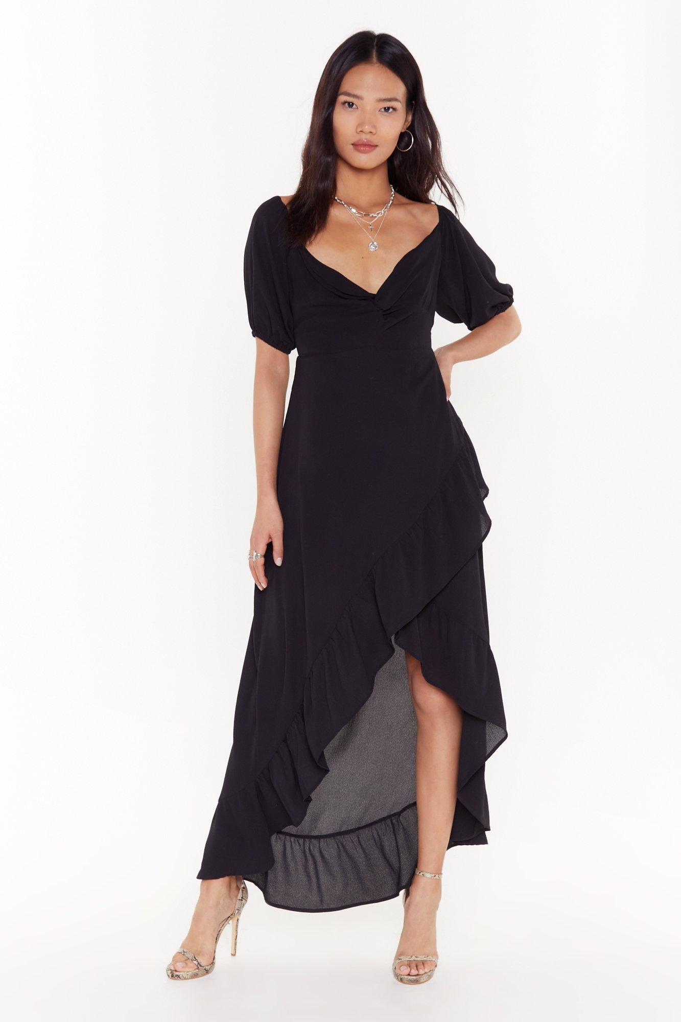 black ruffle midi dress