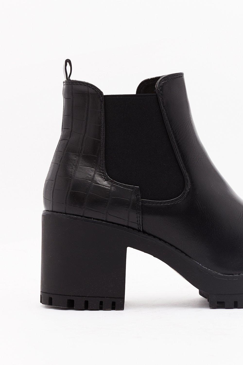 black faux leather chunky chelsea ankle boots