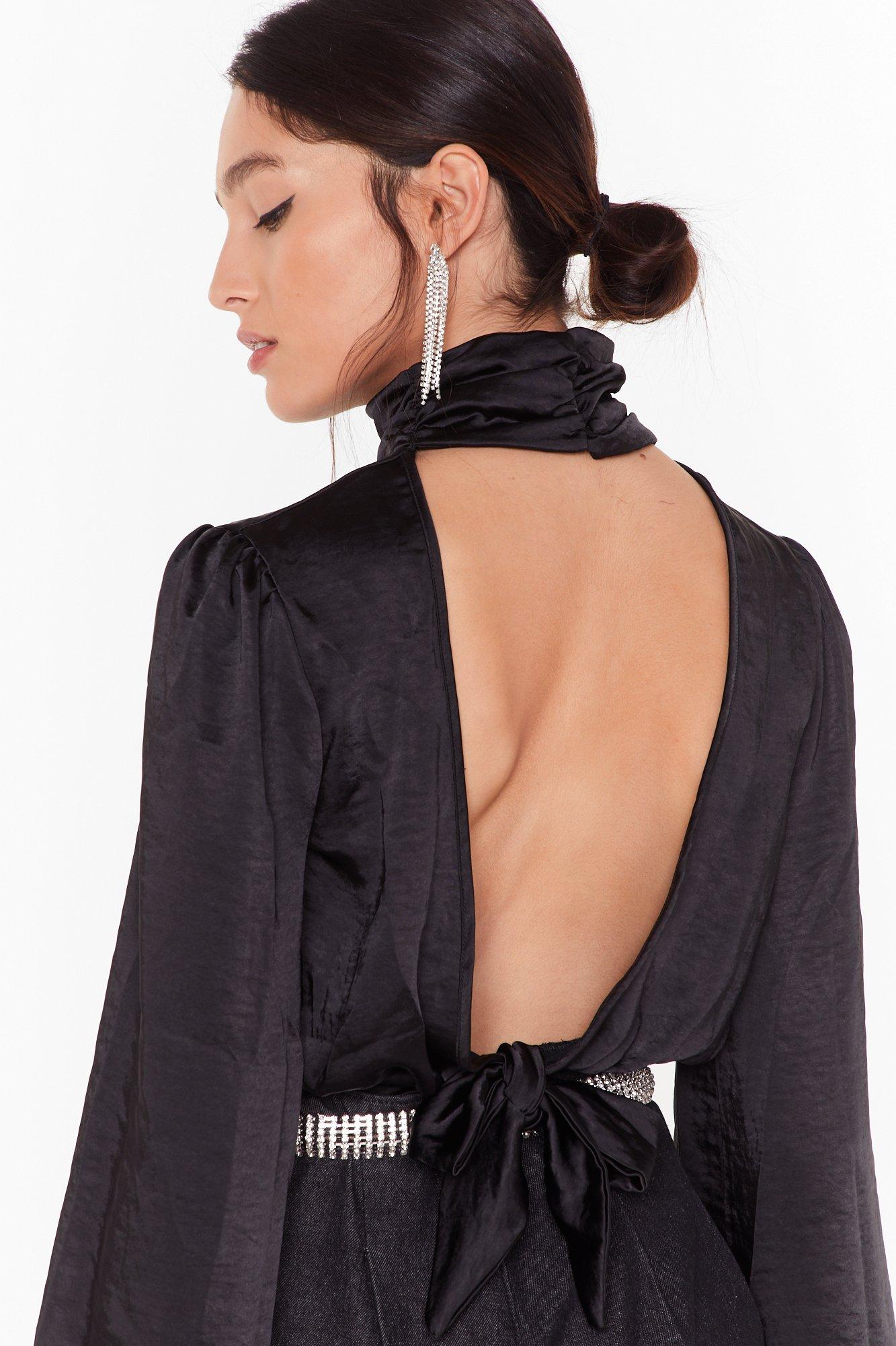high neck open back dress