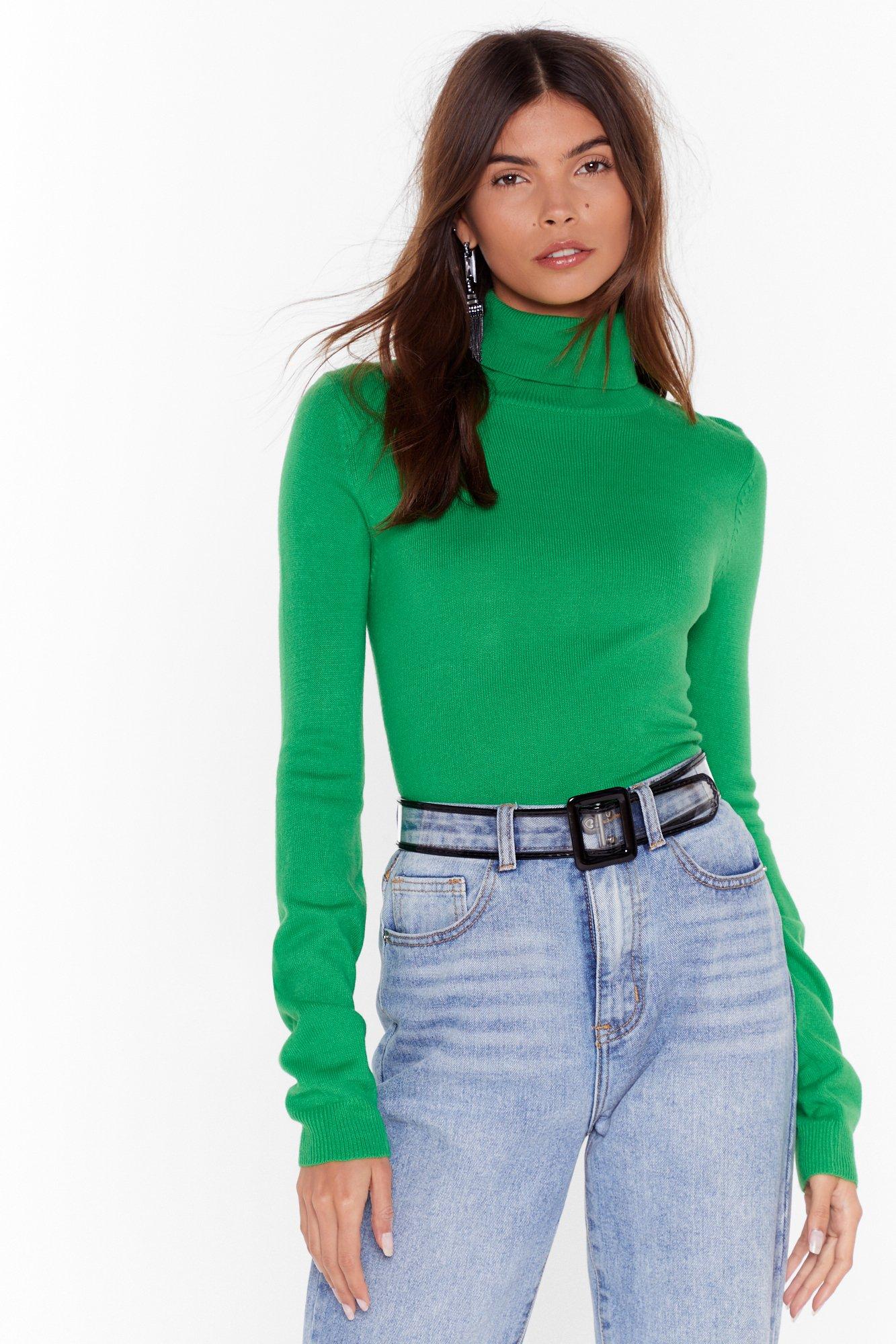green turtleneck sweater