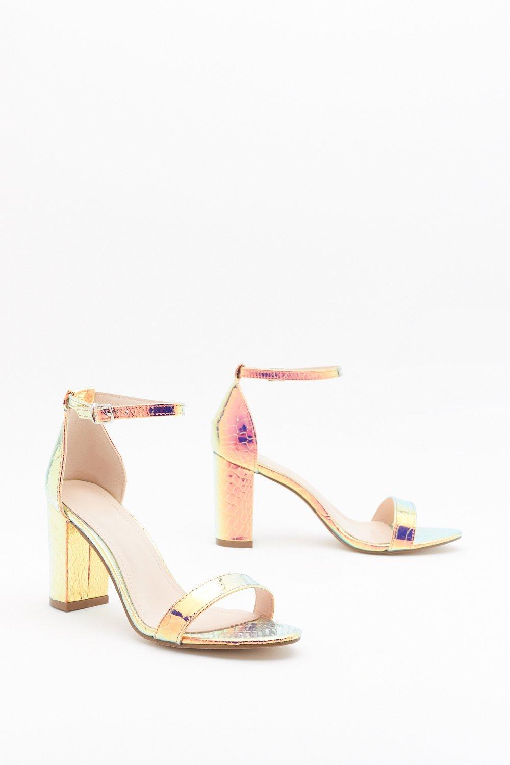 iridescent block heel sandals