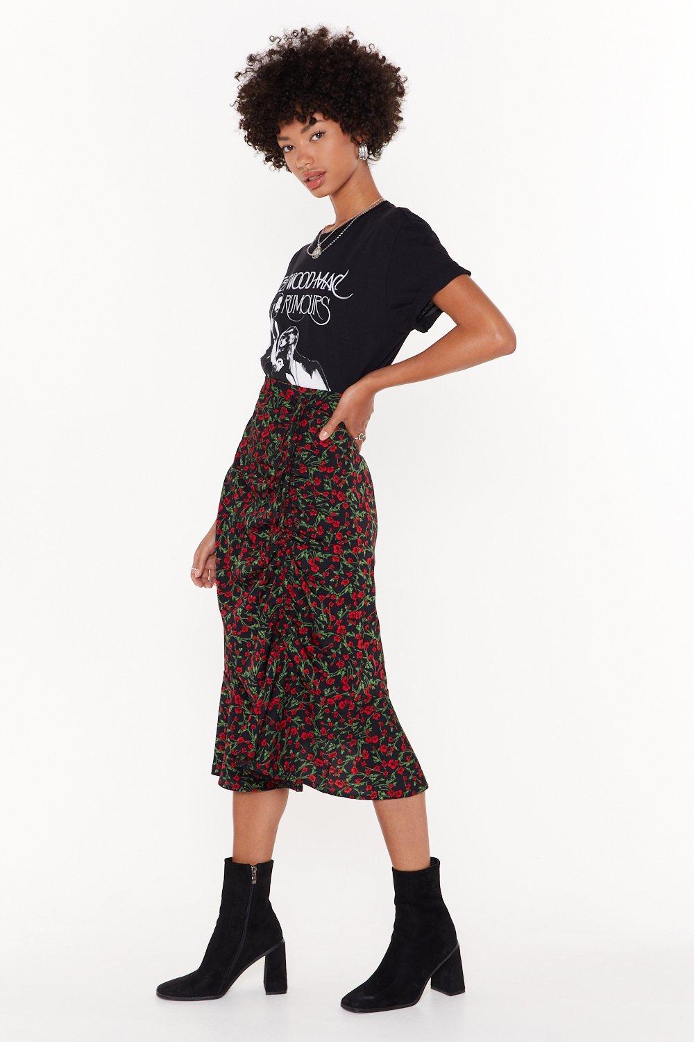 red floral midi skirt