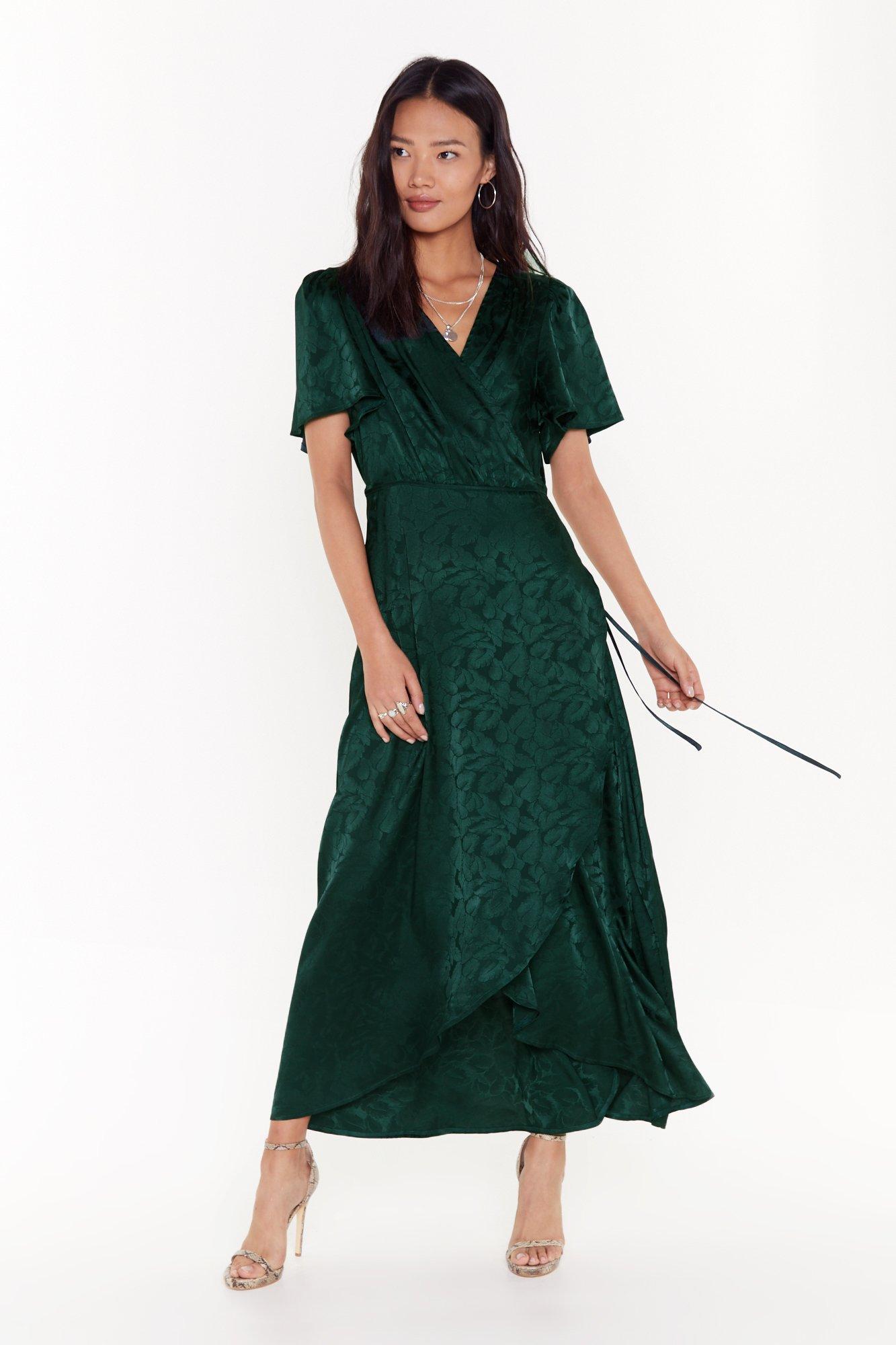green satin wrap midi dress