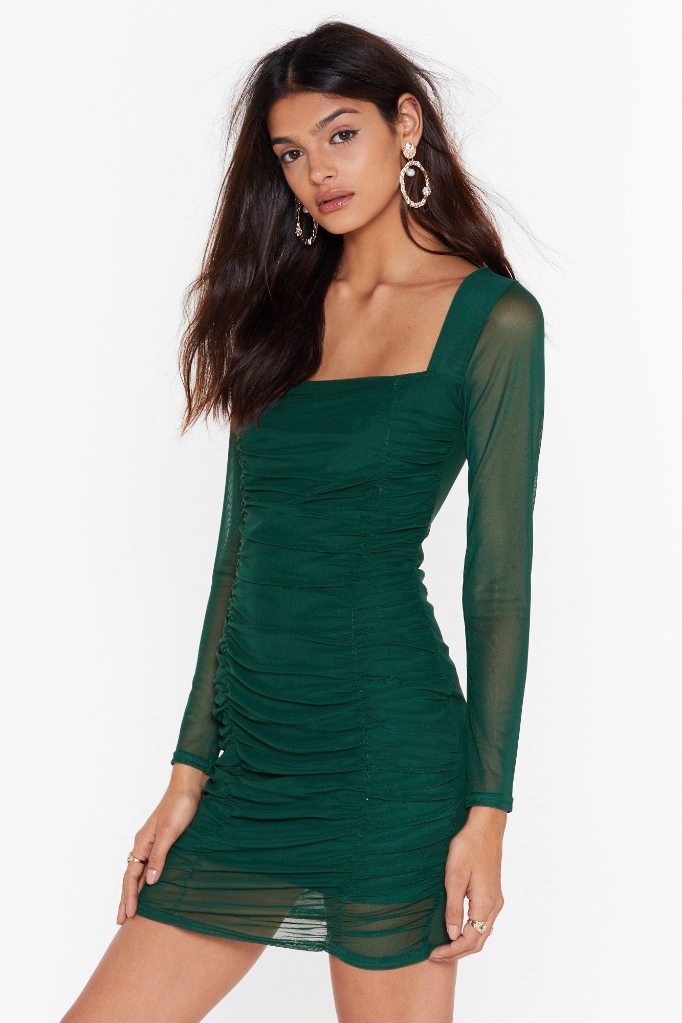 mesh behavior ruched bodycon dress