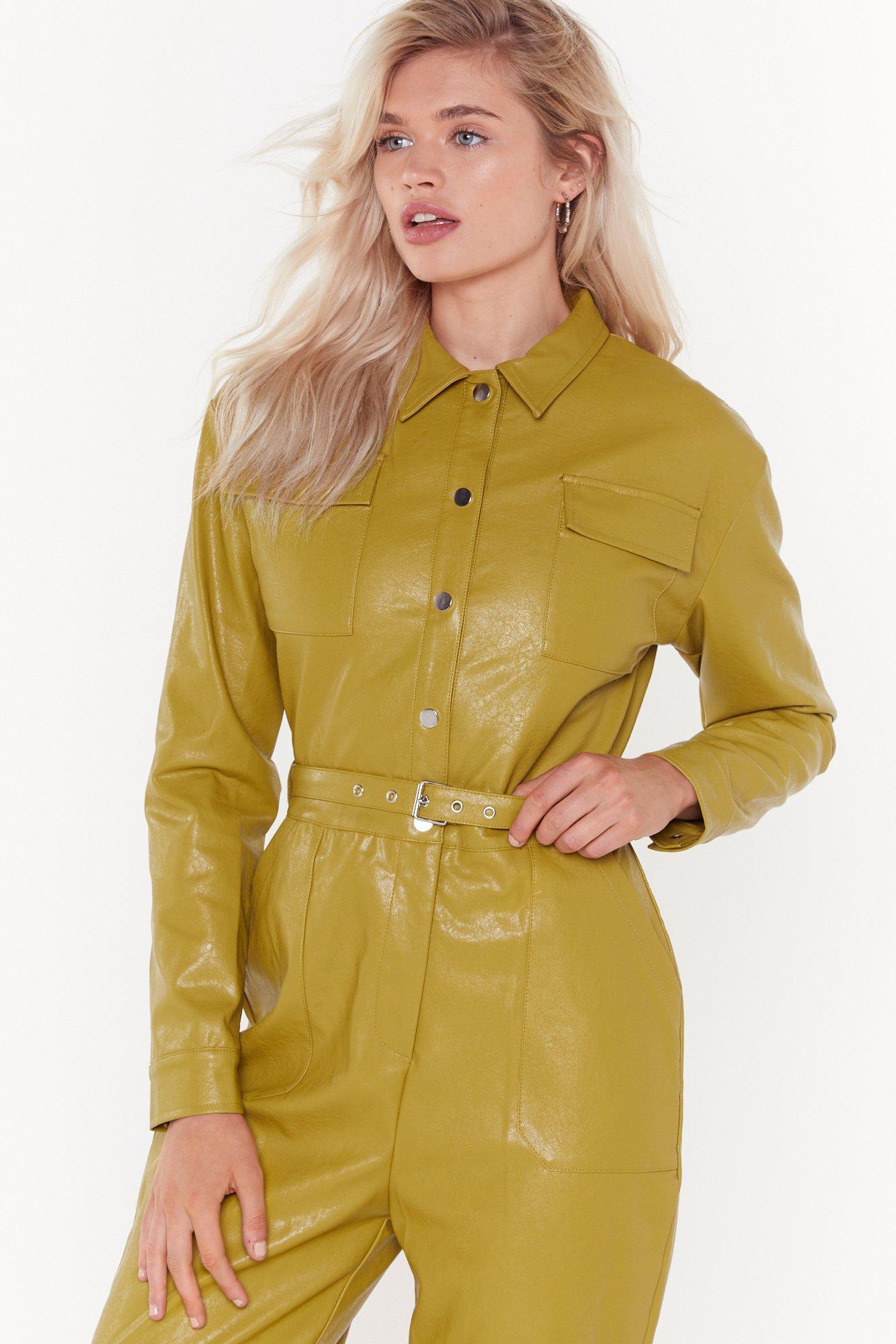 yellow leather jumpsuit