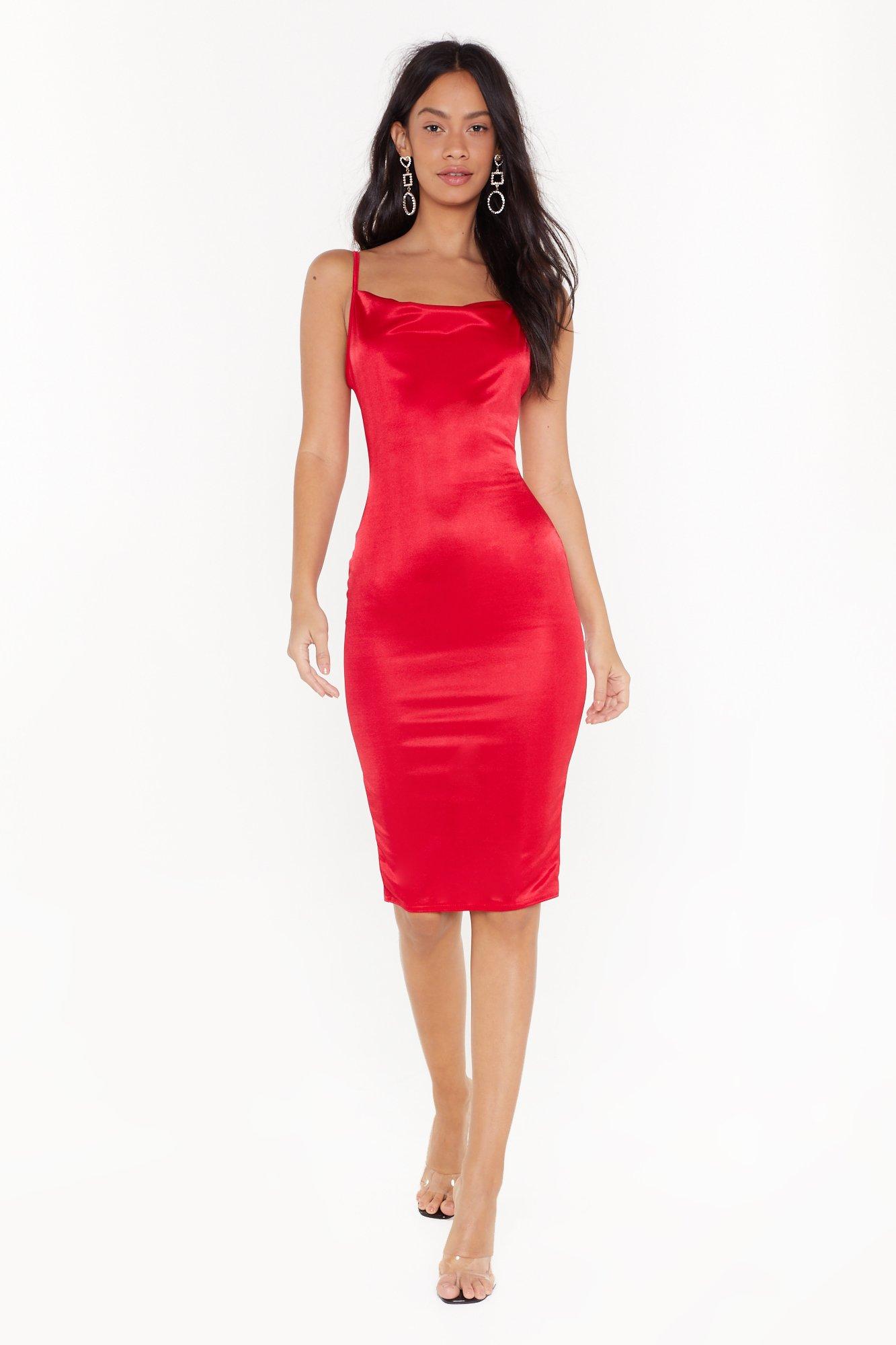 red midi satin dress