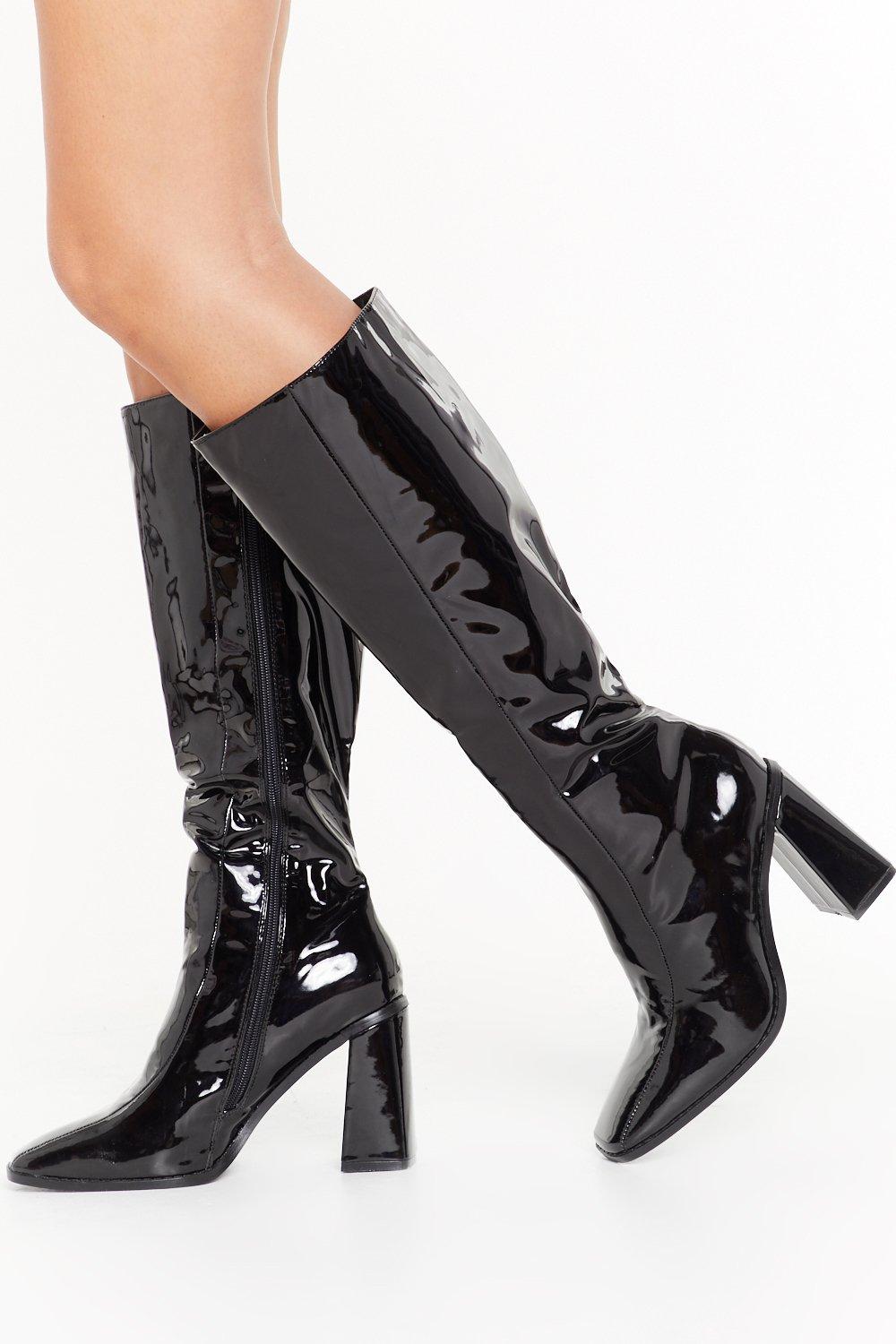 black patent square toe boots